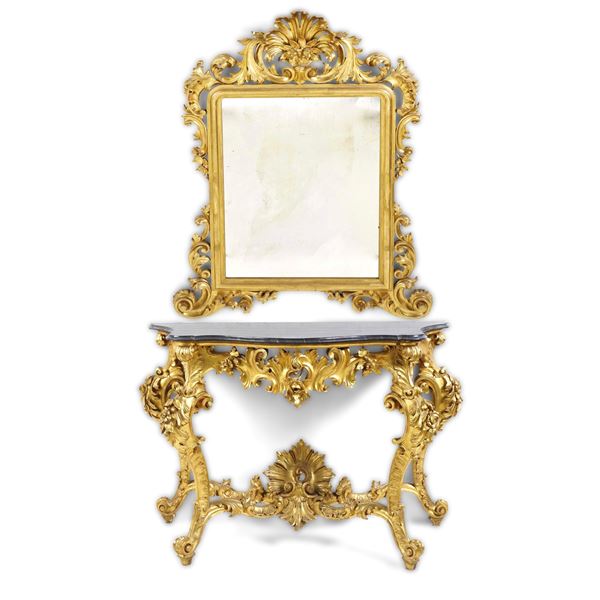 Console con specchiera in legno intagliato e dorato. Metà del XIX secolo