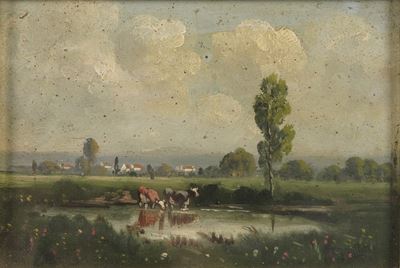 J. Vallet, Paesaggio con armenti, olio su tavola