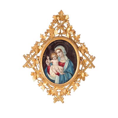 Ricamo raffigurante la Madonna col Bambino, cornice in legno dorato, fine XIX secolo