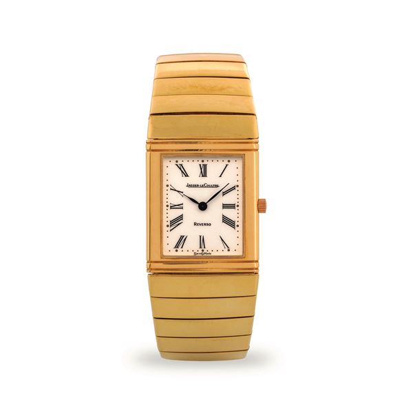Jaeger-LeCoultre - 18K yellow gold Reverso with integrated bracelet, matt white dial with Roman numerals, circa 1990
