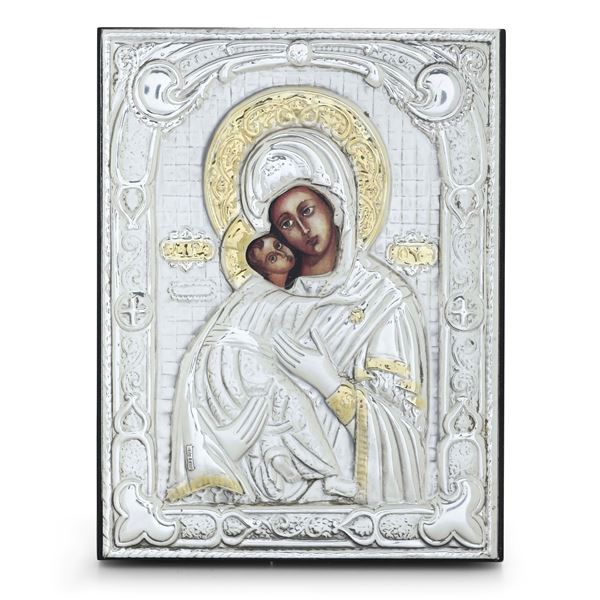 Icona tempera su tavola raffigurante la Deipara Eleusa (Vladimirskaya). Riza in argento. Italia XX secolo