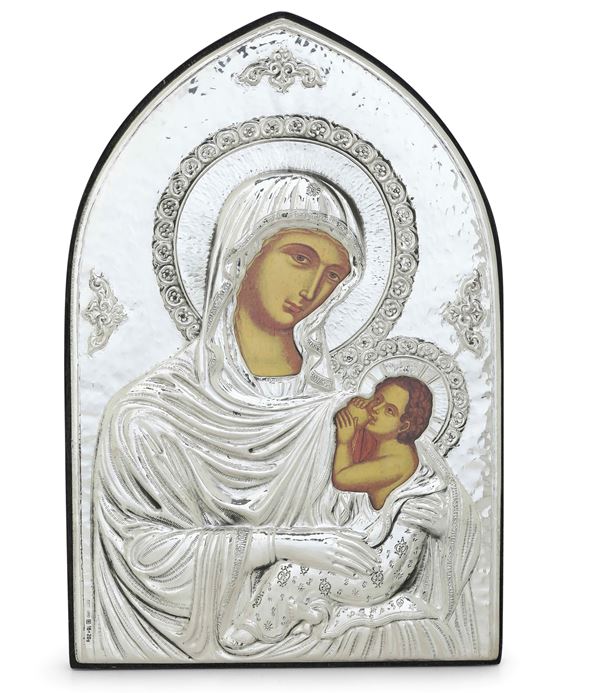 Icona raffigurante la Deipara Galaktotrofousa. Riza in argento 925, argentiere Giancarlo Livi, Firenze