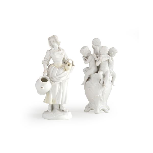 Una figura di popolana e un gruppo con putti.<BR>Doccia, Manifattura Ginori, XX secolo.