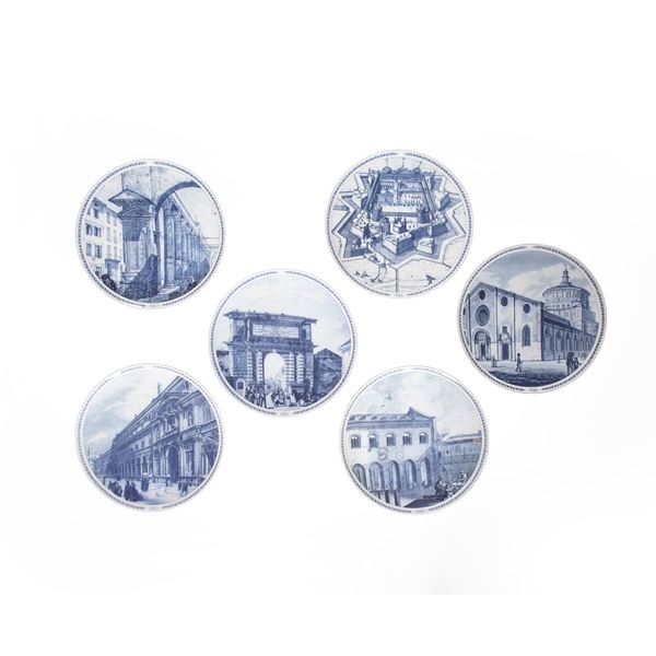 Sei piatti raffiguranti architetture storiche di Milano. Germania, Manifattura Hutschenreuther, XX secolo.