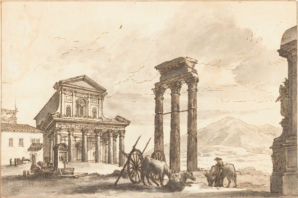 Scuola del XVIII secolo Paesaggio con architetture e contadini