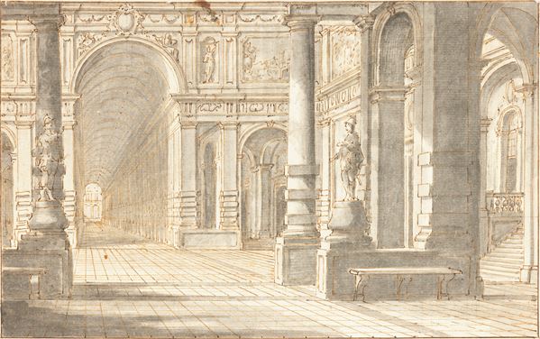 Scuola del XVIII secolo Capriccio con porticato