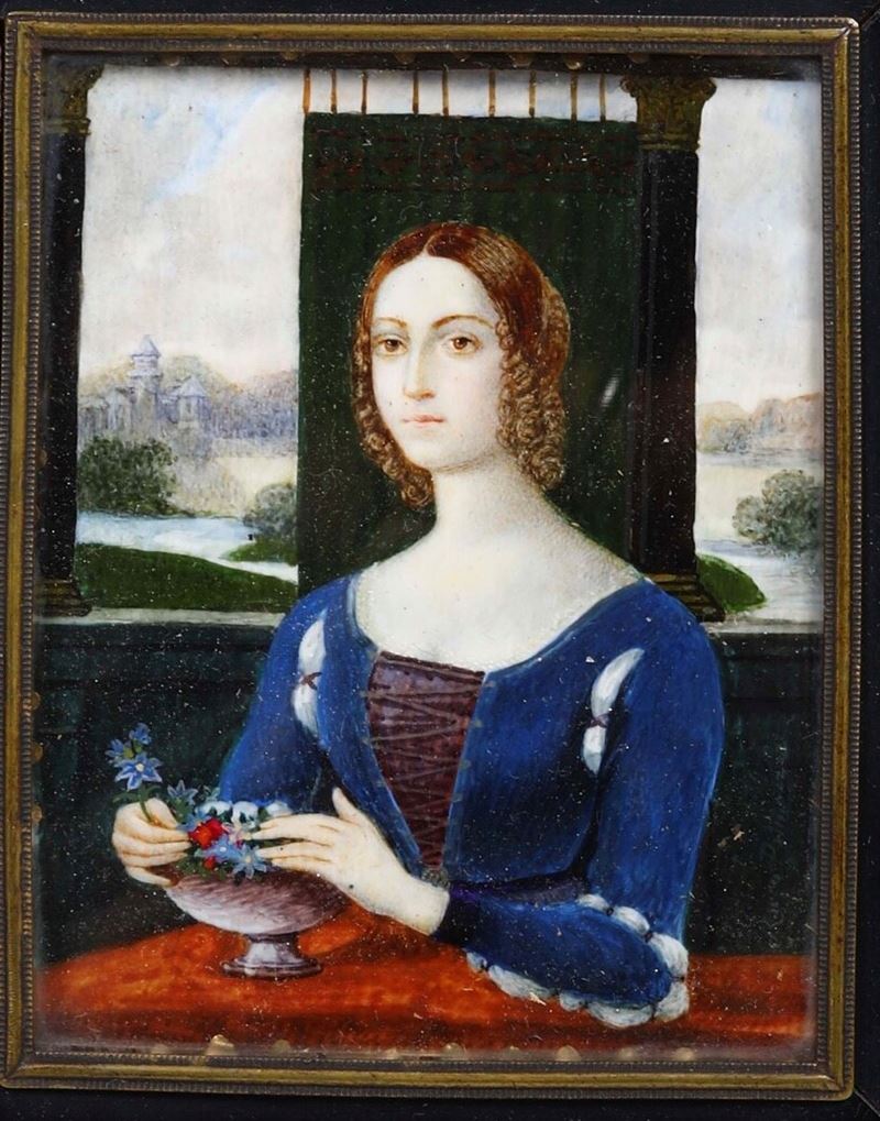 Scuola del XIX secolo Fanciulla con vaso di fiori  - miniatura - Auction Old Masters Paintings - Cambi Casa d'Aste