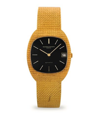 Tonneau ref 2034 Q in oro giallo 18k con bracciale lavorato integrato e quadrante nero laccato, c...