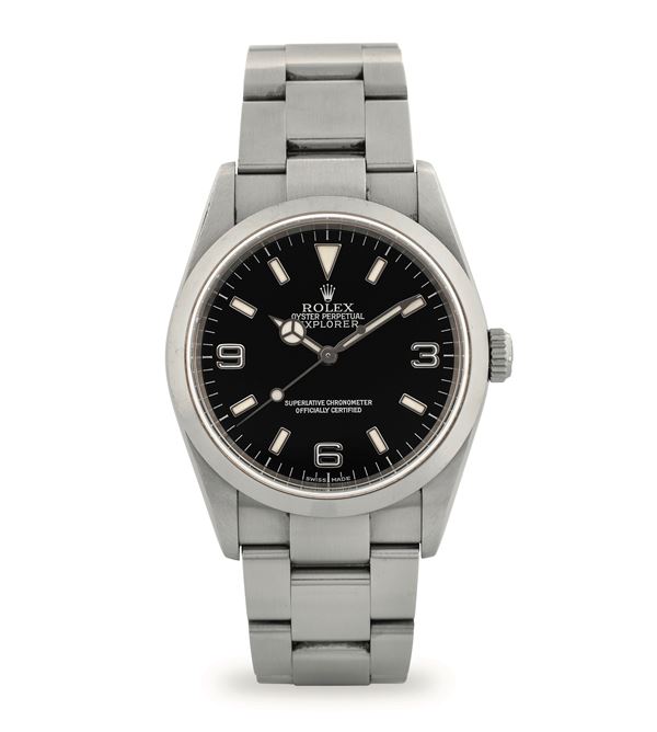 Rolex - Explorer ref 114270 in steel, black dial with luminescent markers and Arabic numerals, with box, guarantee and booklets, circa 2004