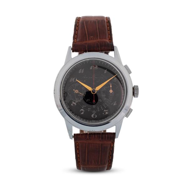 Cronografo in acciaio con tasti rettangolari, quadrante nero con numeri Breguet, carica manuale, 40 mm