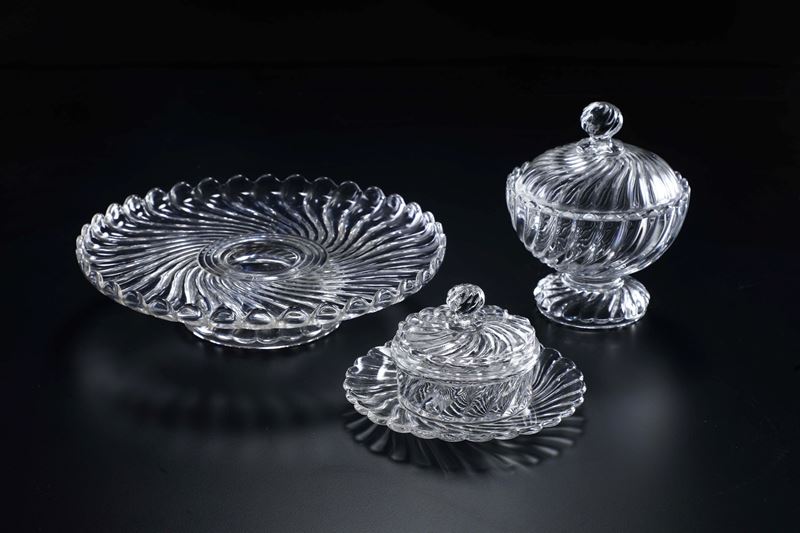 Alzatina, formaggiera e contenitore per marmellata "Bambou tors". Francia, Manifattura Baccarat, prima metà del XX secolo.   - Auction The Art of the Table - Cambi Casa d'Aste