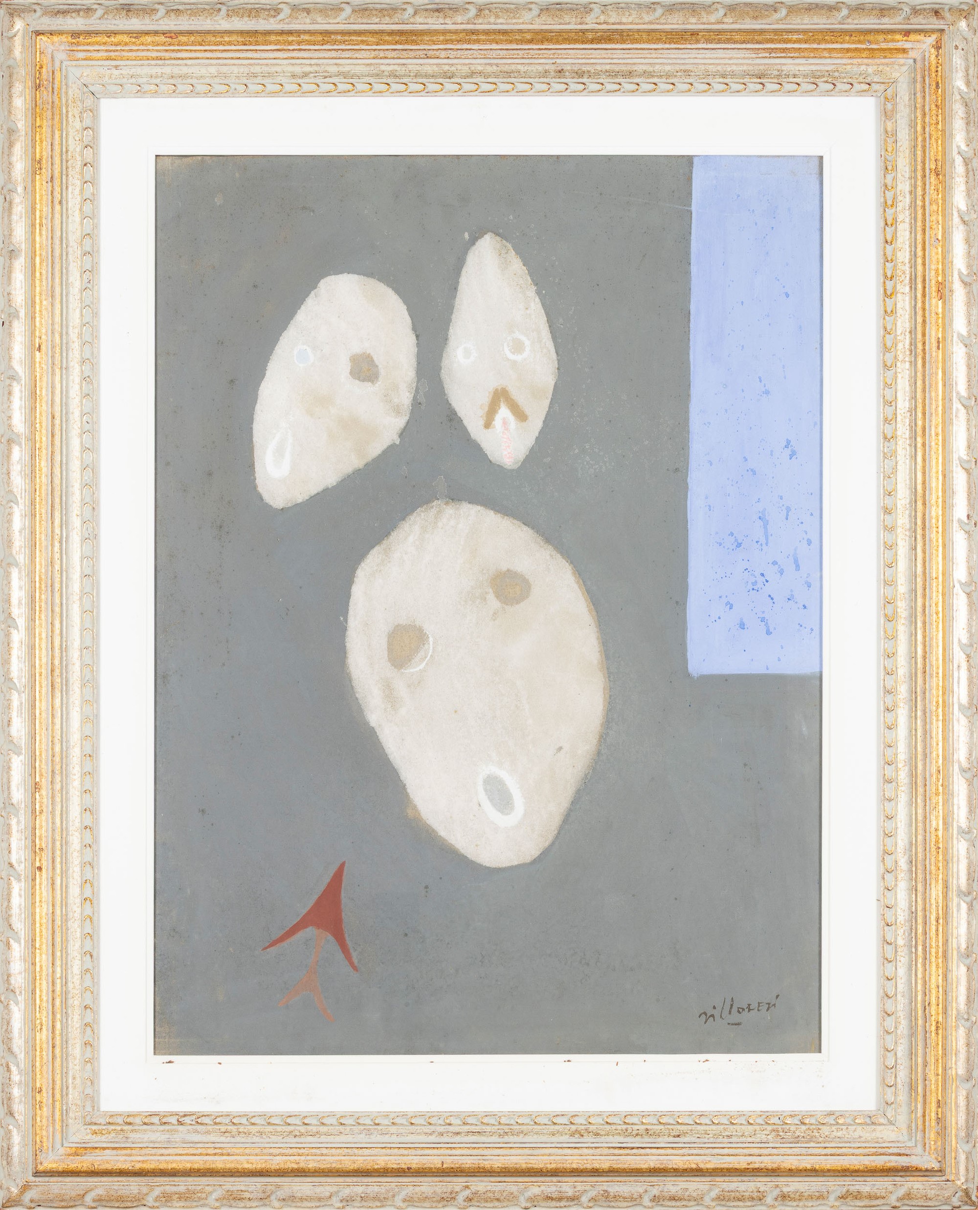 Franco Villoresi - Tre maschere con freccia, olio e gres su tela