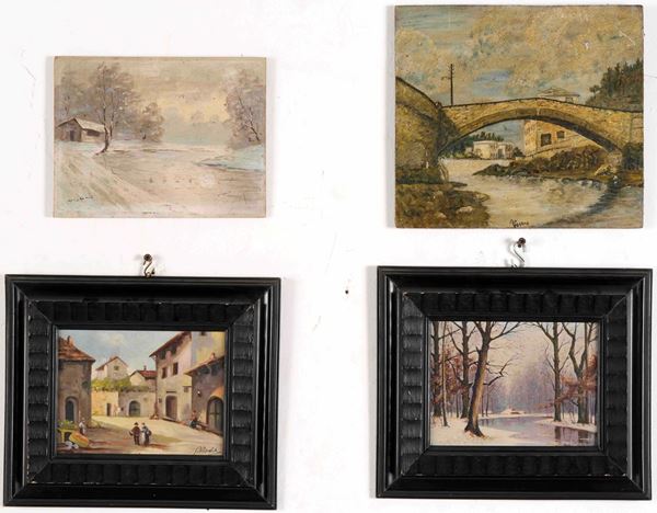 Lotto di 4 piccoli dipinti con paesaggi