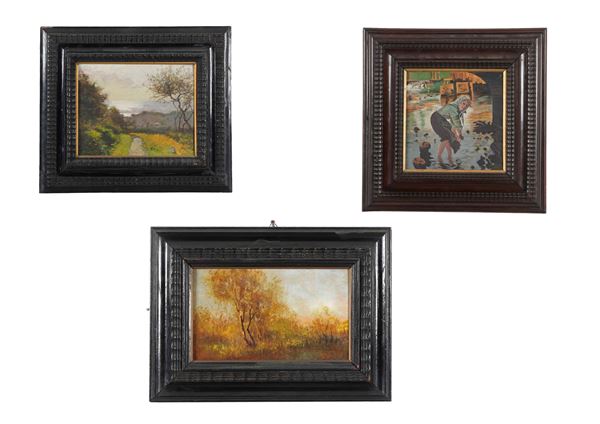 Lotto di tre dipinti in cornici intagliate