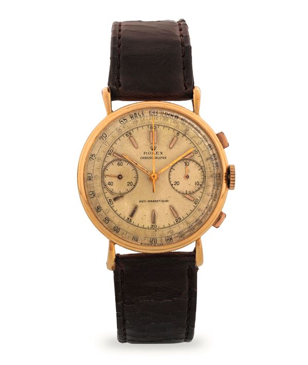 Rolex - Chronograph ref 4062 in 18k pink gold, silvered dial with counters and tachometer scale, circa 1940