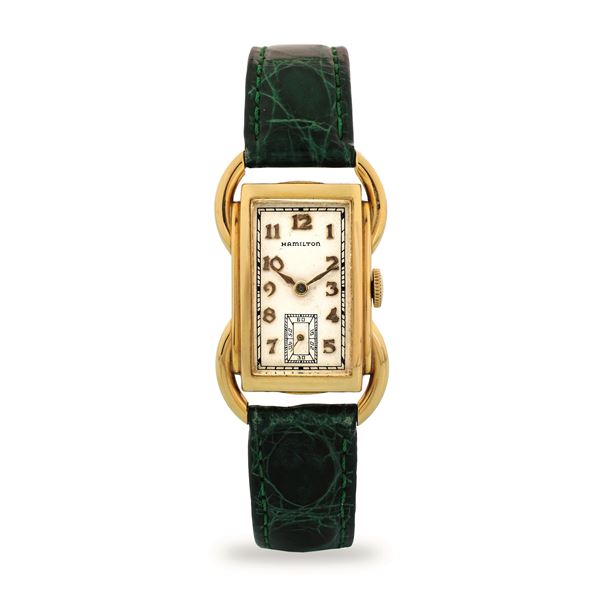HAMILTON - Bentley in 14k yellow gold, silver-plated dial with seconds at 6 o'clock, circa 1940