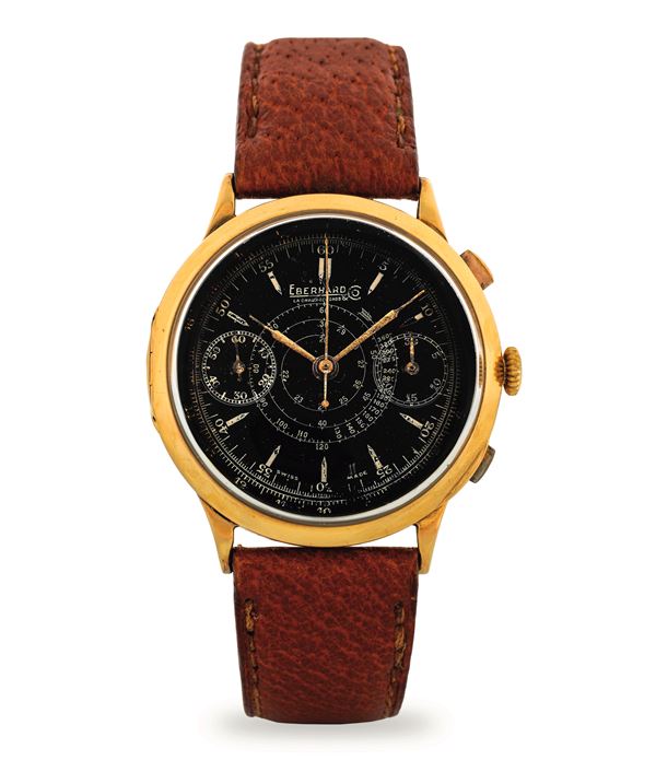 Cronografo Extra-Fort in oro giallo 18k, quadrante nero con due contatori, circa 1940
