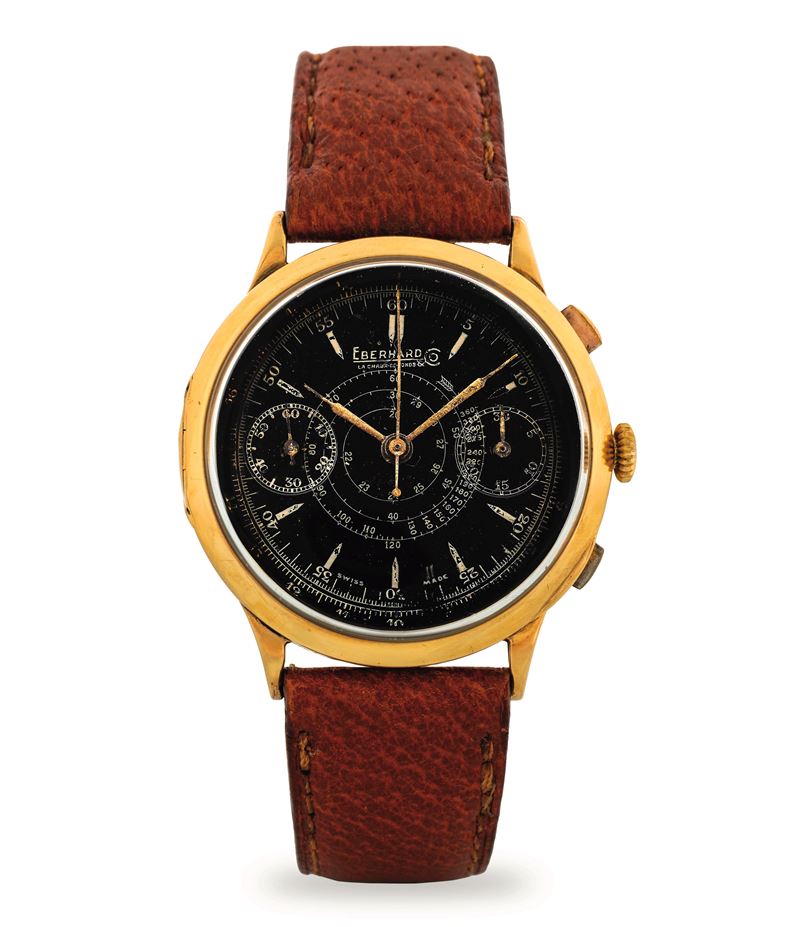 Eberhard &amp; Co : Cronografo Extra-Fort in oro giallo 18k, quadrante nero con due contatori, circa 1940  - Asta Orologi da Polso - Cambi Casa d'Aste