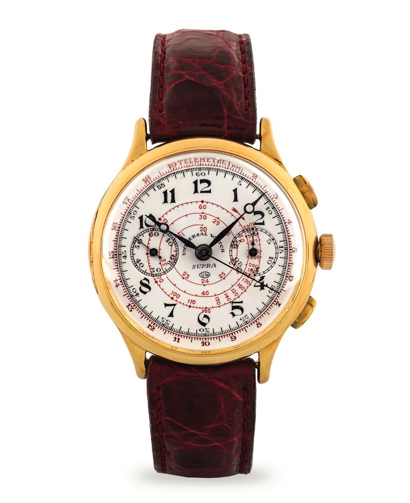 Universal Genève : Supra Chrono in oro giallo, quadrante smaltato con due contatori e scala tachimetrica, circa 1930  - Asta Orologi da Polso - Cambi Casa d'Aste