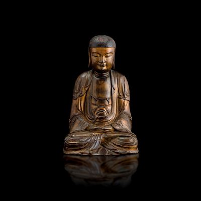 Figura di Buddha Amitayus in Legno, Cina, Dinastia Qing, Epoca Kangxi (1662-1722)