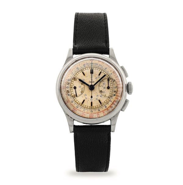 Cronografo in acciaio, quadrante argenté con due contatori, circa 1940