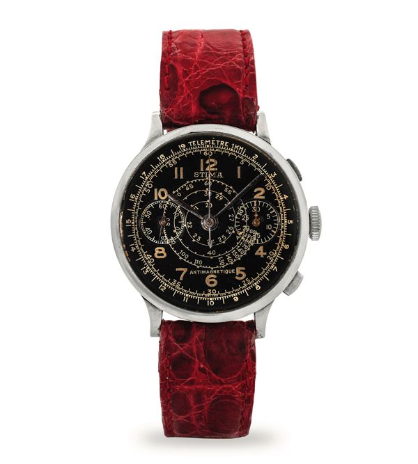 Chrono carica manuale in acciaio, quadrante nero lucido con scala tachimetrica a chiocciola, circa 19 [..]