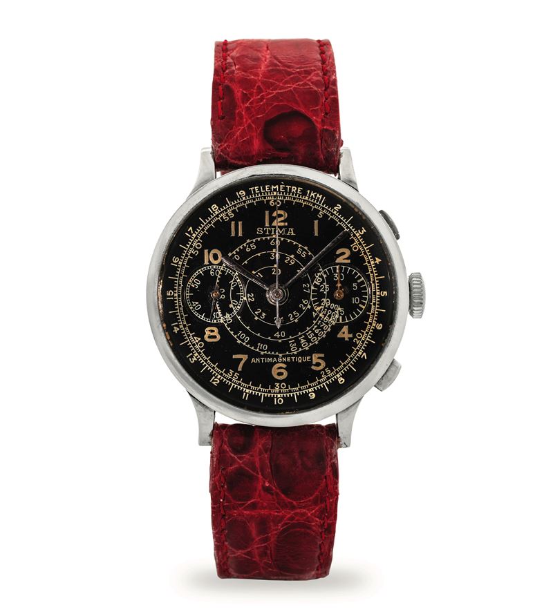 Stima : Chrono carica manuale in acciaio, quadrante nero lucido con scala tachimetrica a chiocciola, circa 1940  - Asta Orologi da Polso - Cambi Casa d'Aste