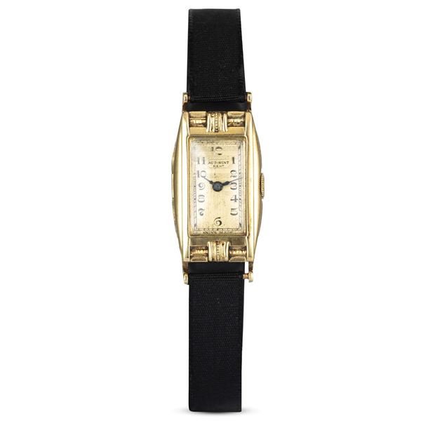 Autorist - Orologio di forma in oro giallo 14k, quadrante argentè lavorato, carica manuale, 28x16 mm