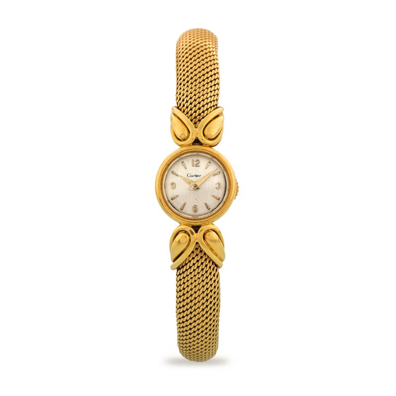 Cartier : Elegant 18k yellow gold wristwatch with integrated bracelet and drop decoration, silver-plated dial, circa 1950  - Auction Wristwatches - Cambi Casa d'Aste