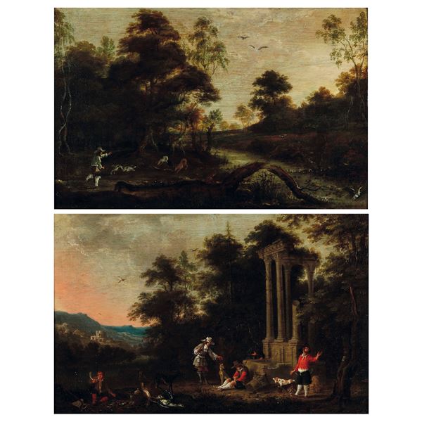 Paesaggi con architetture e cacciatori