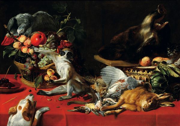 Frans Snyders - Natura morta con scimmietta, pappagallo, cagnolino e cacciagione