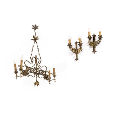 Lampadario e coppia di appliques in ferro battuto, Italia, XX secolo