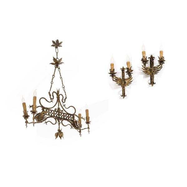 Lampadario e coppia di appliques in ferro battuto
