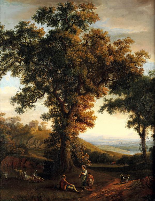 Paesaggio arcadico con pastori e armenti