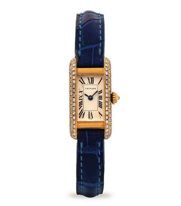 Cartier - Tank Allongée ref 828006 in yellow gold with diamonds, silver-plated dial with Roman numerals, circa 1995
