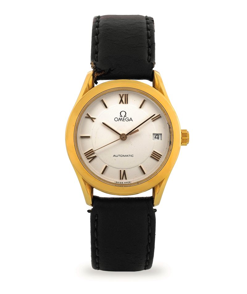 Omega : Classic in oro giallo 18k, quadrante bianco con numeri romani applicati e datario a ore 3, circa 1990  - Asta Orologi da Polso - Cambi Casa d'Aste