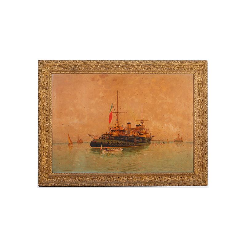 Scena di marina con nave Carnot, olografia a colori su cartoncino