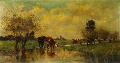 Wan Wyck, Paesaggio con mucca al pascolo, olio su tela