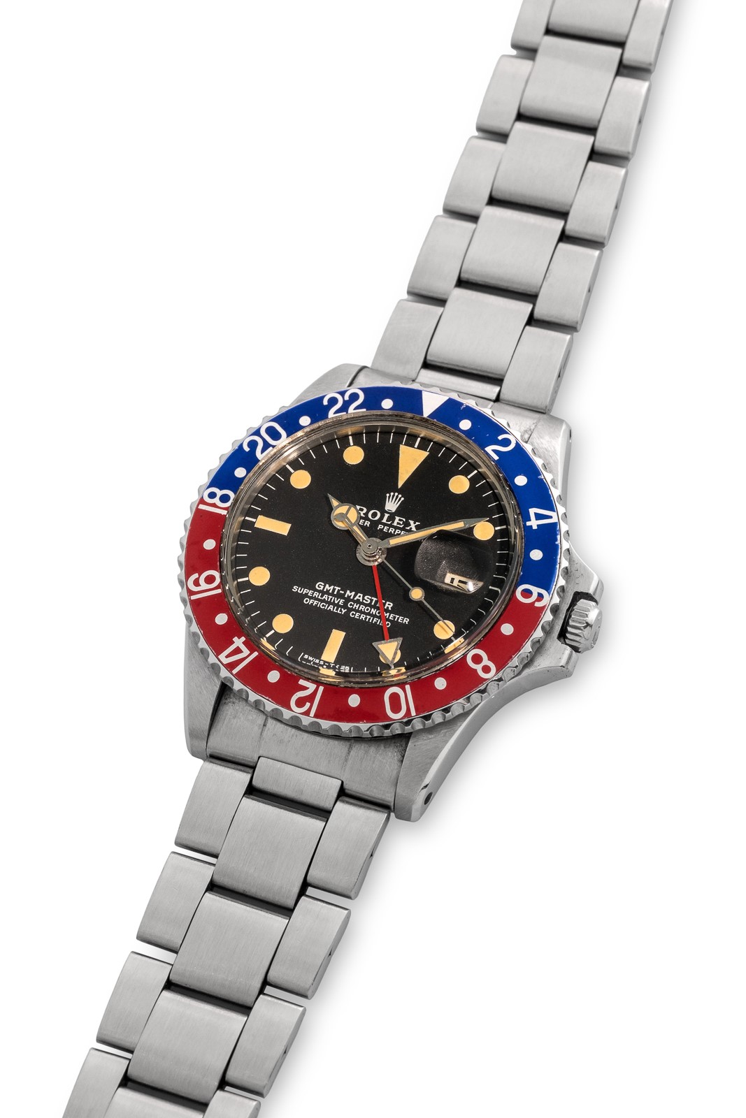 Rolex - GMT Master 'Pepsi', referenza 1675, acciaio, quadrante nero opaco, circa 1972