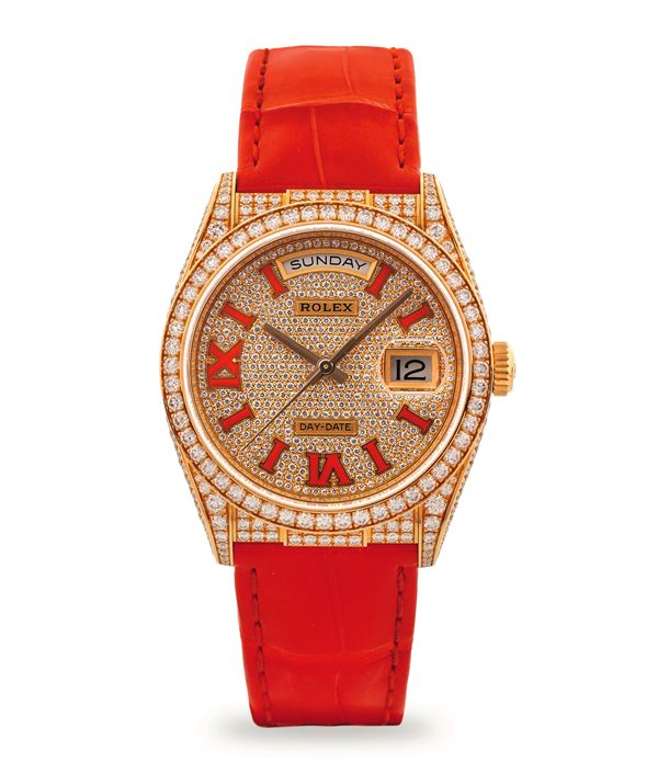 Rolex - Day-Date ref 128158RBR in yellow gold, pavè with enamel Roman numerals, 2024