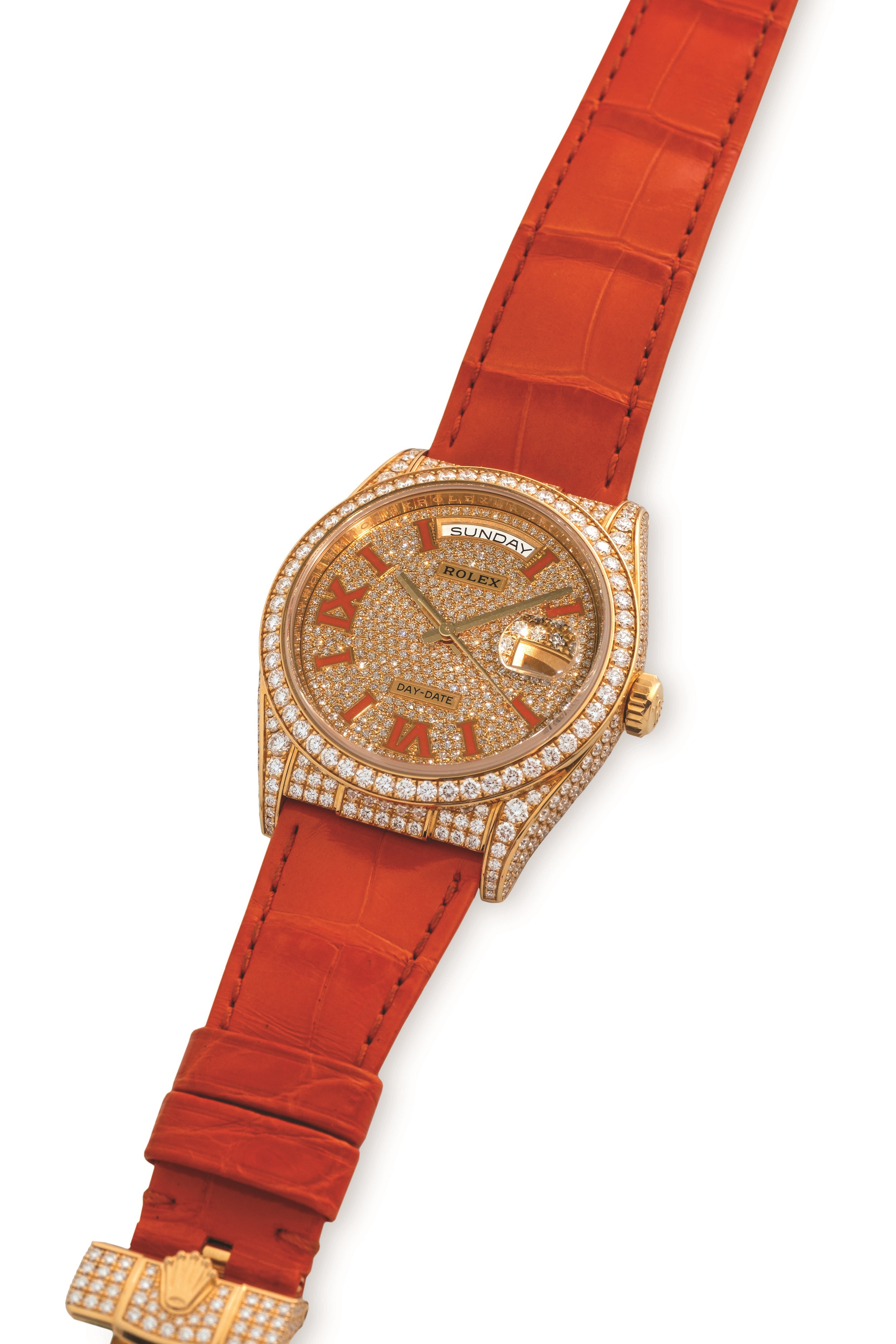 Rolex - Day-Date ref 128158 RBR in oro giallo con diamanti e quadrante Pavè, circa 2024