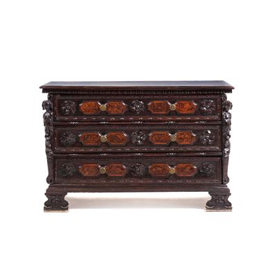 Cassettone in legno intagliato e parzialmente lastronato, XVII secolo