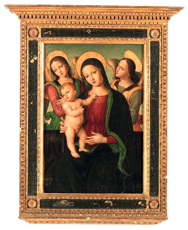 Scuola italiana dell'inizio del XVI secolo Madonna in trono con il Bambino e due angeli
