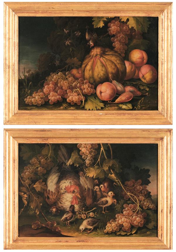 Scuola del XVII secolo Paesaggi con frutti e gallinacei