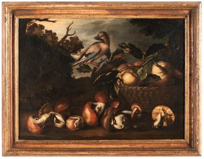 Scuola del XVII secolo, Paesaggio con cesta di frutti, funghi e uccellino, olio su tela