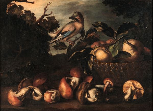 Scuola del XVII secolo Paesaggio con cesta di frutti, funghi e uccellino