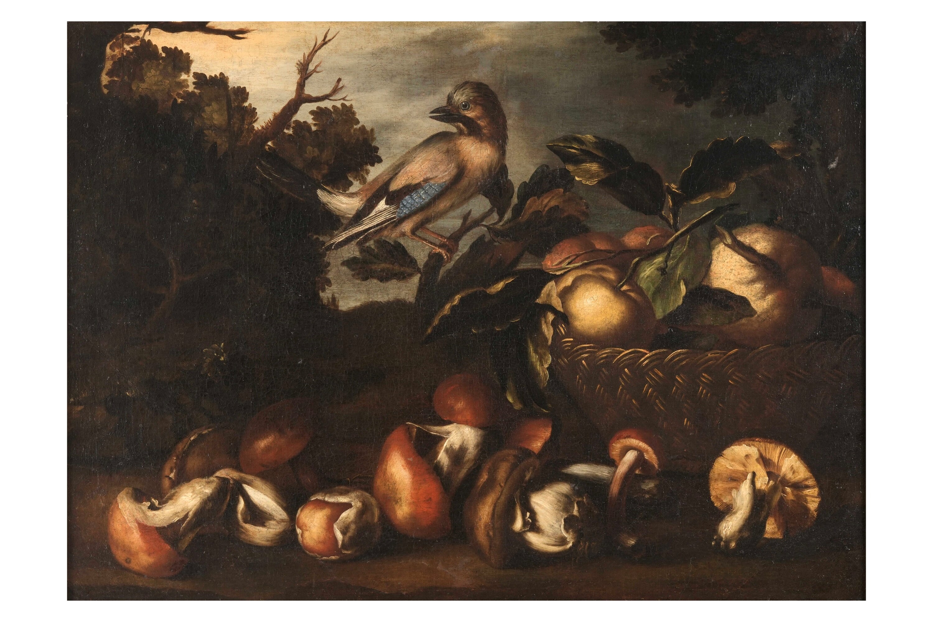 Scuola del XVII secolo, Paesaggio con cesta di frutti, funghi e uccellino, olio su tela
