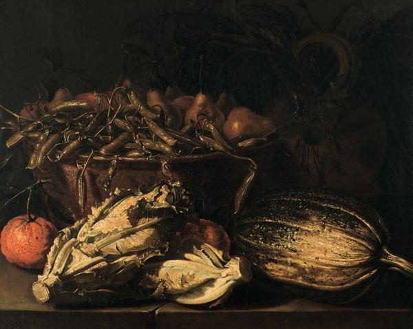 Scuola del XVII secolo. Natura morta con cesto di fagioli, arance, pere e verza