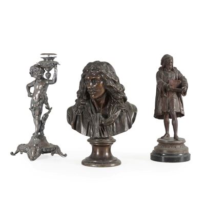 Busto di Molière, bronzo patinato e due sculturine in metallo