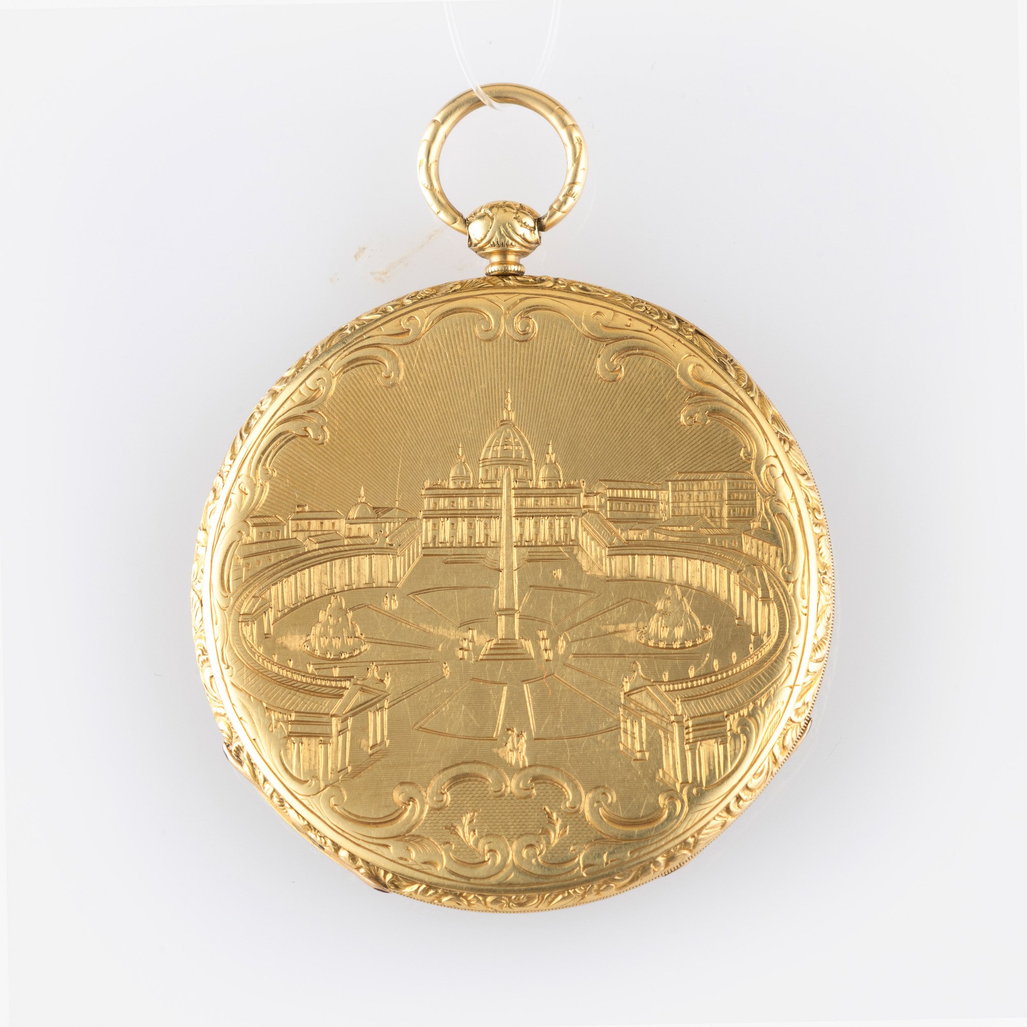 Orologio da Tasca in Oro Giallo 18k con Cassa con Raffigurazione di Piazza San Pietro, Quadrante ...